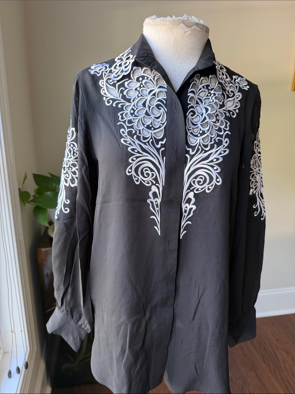 Bob Mackie Black Blouse with White Floral Embroidery